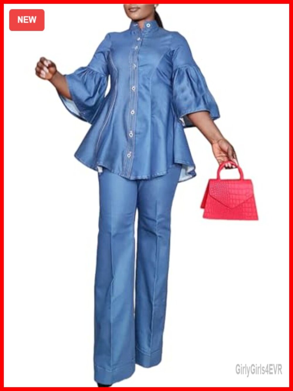 Denim 2 Piece Set Flared Sleeve Button Down Shirt Straight Pants